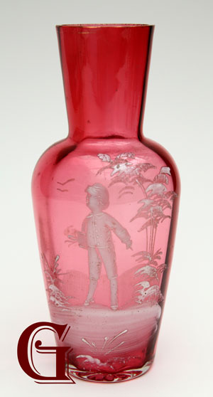 CRANBERRY GLASS VASE WITH MARY GREGORY DECORATION